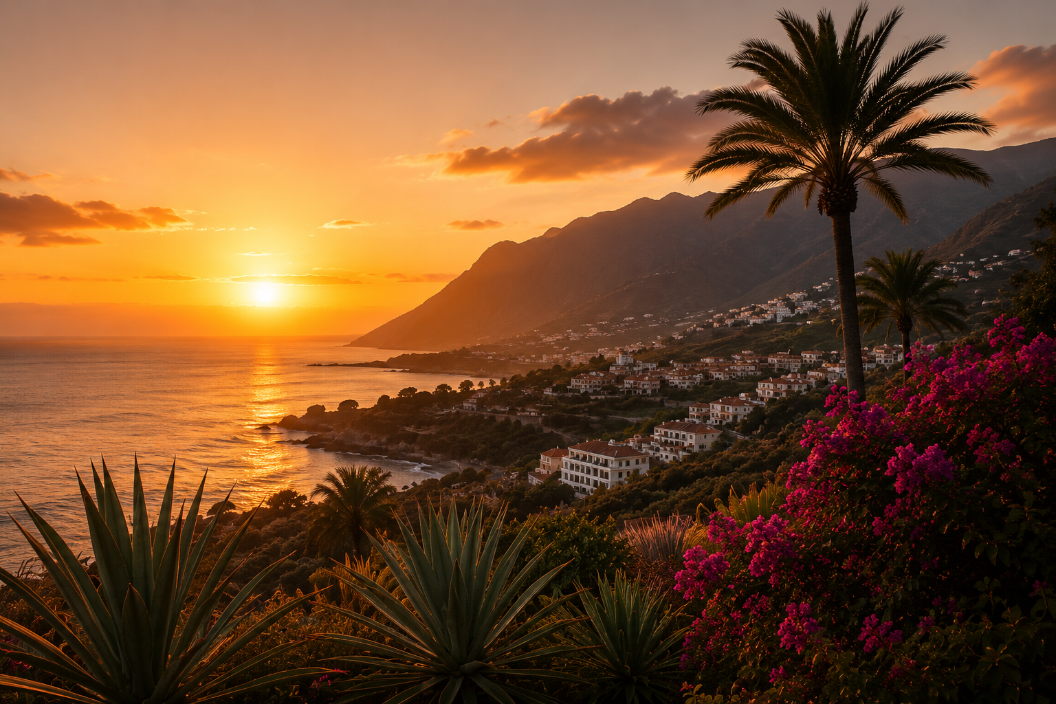 Tenerife rannik ja mäed päikeseloojangul
