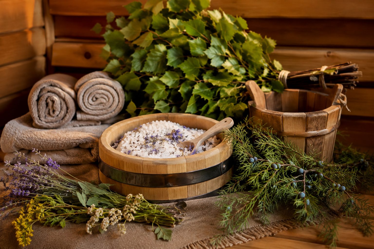 Saunavihad, sool lavendliga ja kadakaoksad saunas